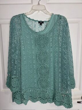 Lisa international Seafoam Green Crochet Overlay Tunic with Shell